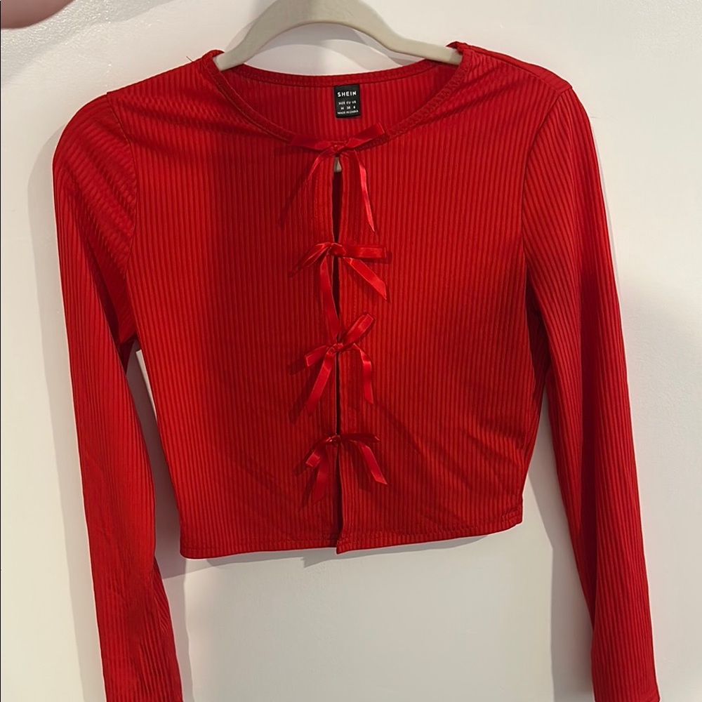 SHEIN Red Ribbed Bow Accent Blouse